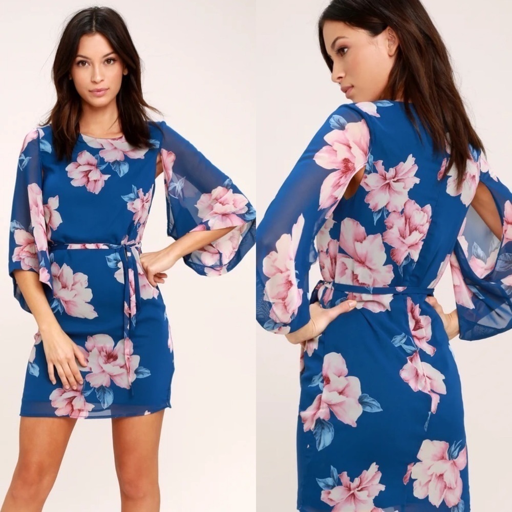 🆕 LULUS SZ XS Joyful Noise Denim Blue Floral Print Mini Dress